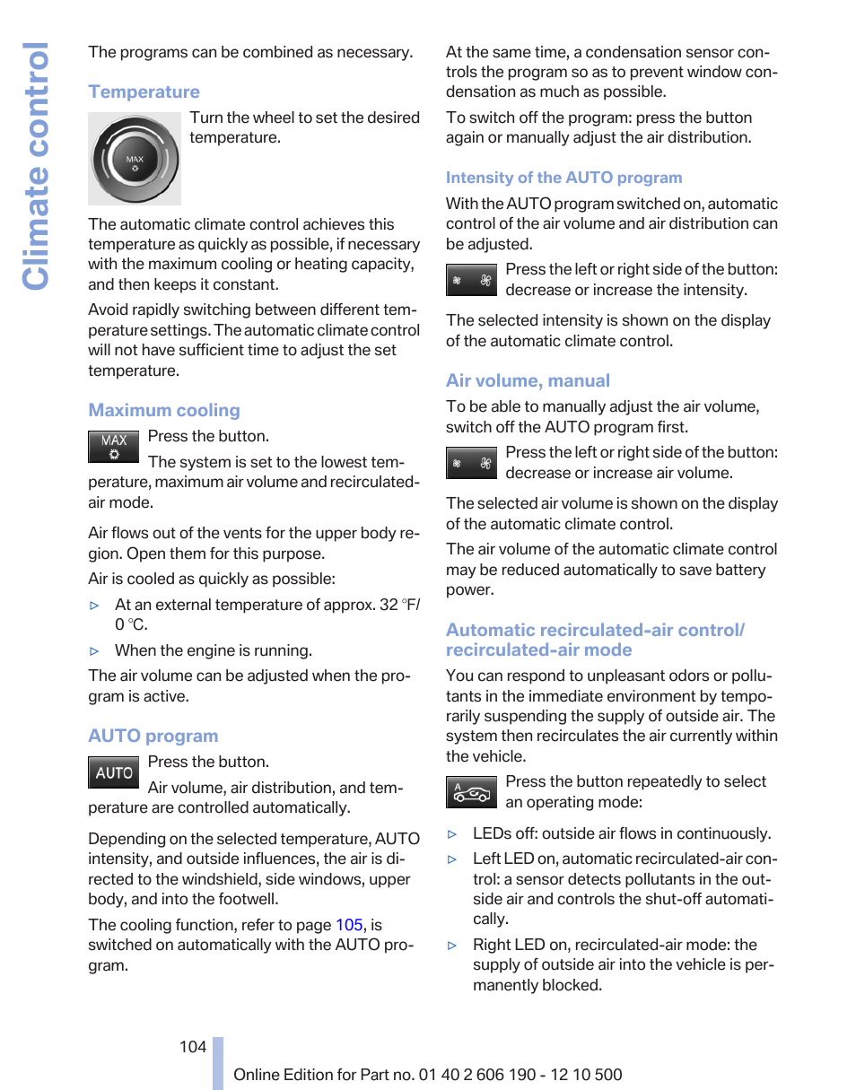 Climate control | BMW X3 xDrive35i 2011 User Manual | Page 104 / 262