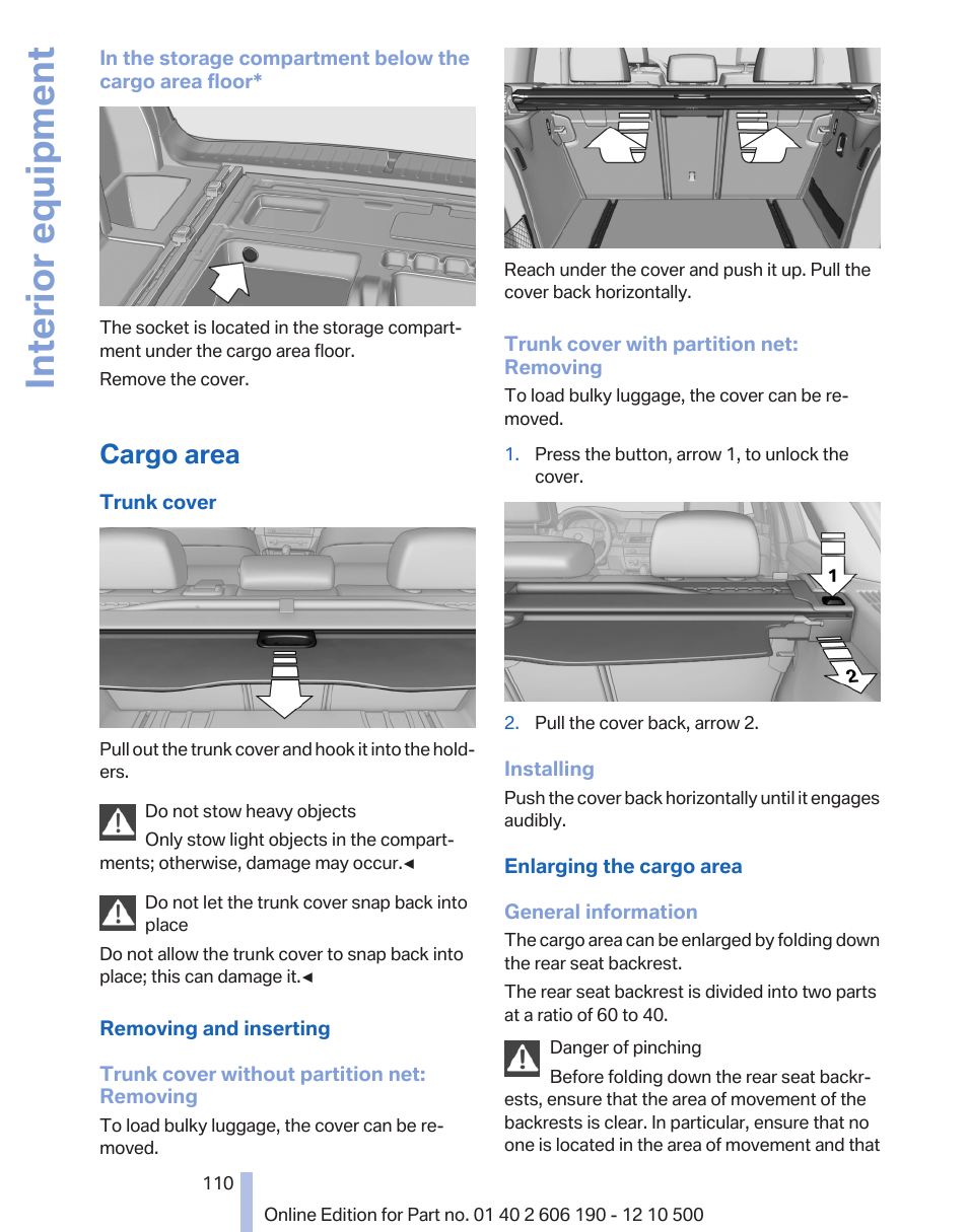 Cargo area, Interior equipment | BMW X3 xDrive35i 2011 User Manual | Page 110 / 262