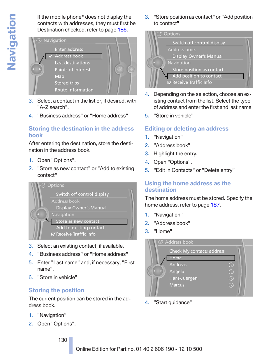 Navigation | BMW X3 xDrive35i 2011 User Manual | Page 130 / 262