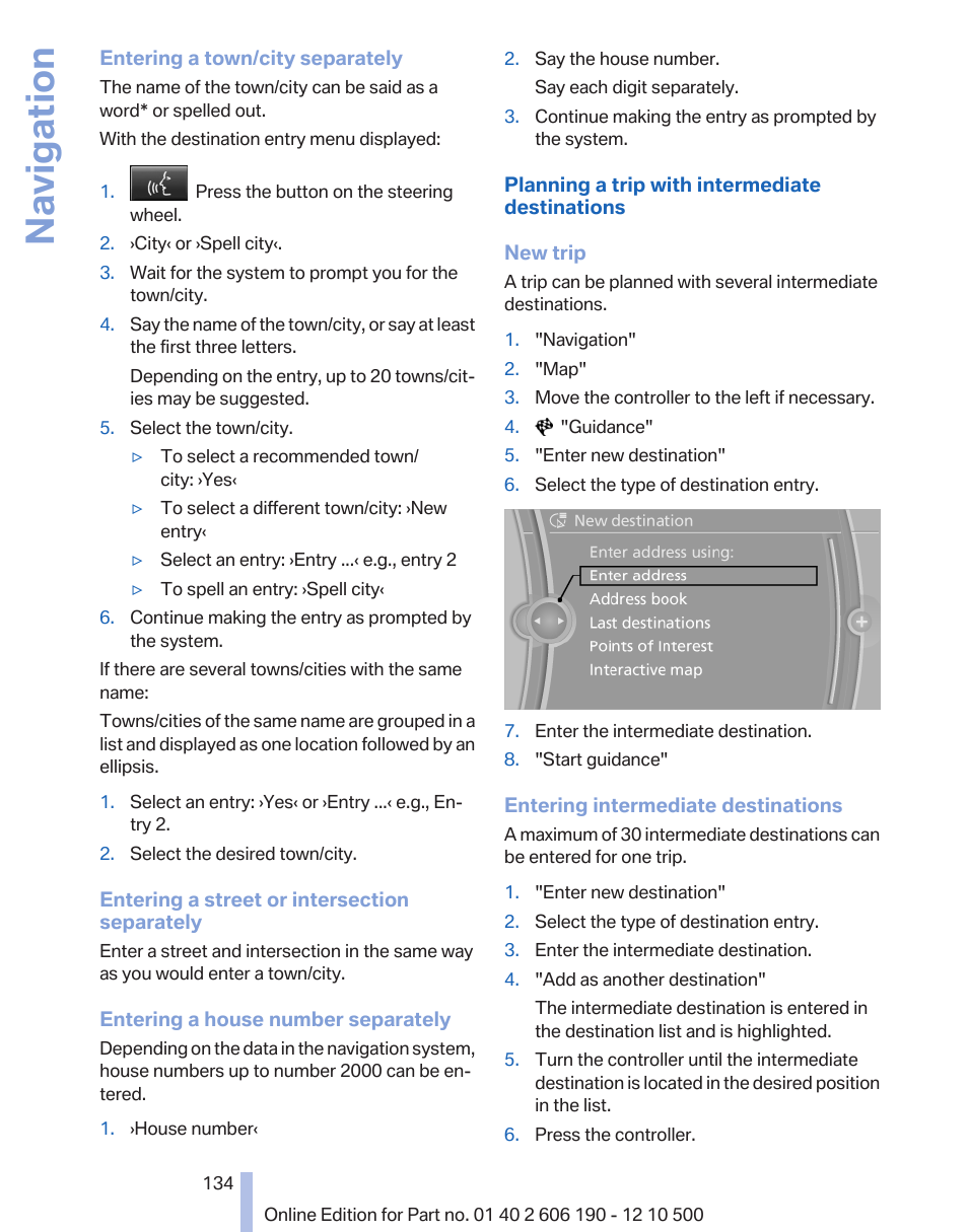 Navigation | BMW X3 xDrive35i 2011 User Manual | Page 134 / 262