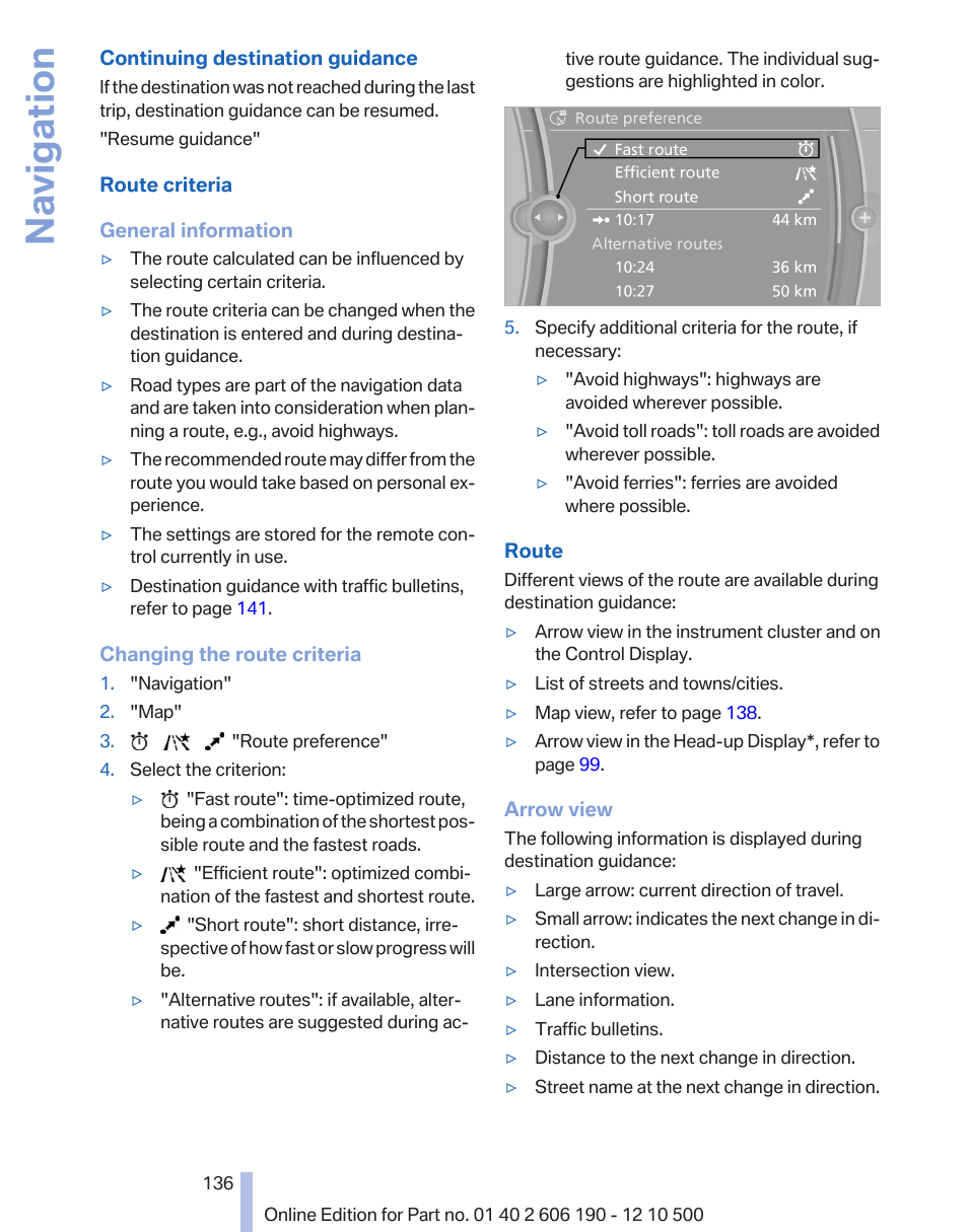 Navigation | BMW X3 xDrive35i 2011 User Manual | Page 136 / 262