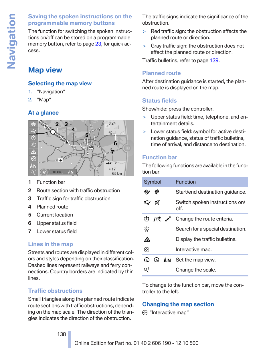 Map view, Navigation | BMW X3 xDrive35i 2011 User Manual | Page 138 / 262