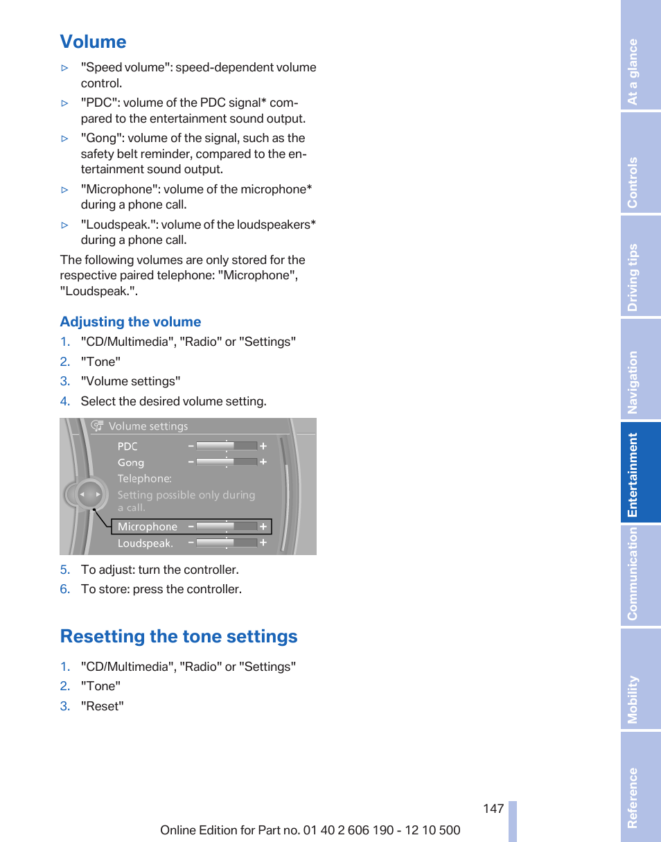 Volume, Resetting the tone settings | BMW X3 xDrive35i 2011 User Manual | Page 147 / 262