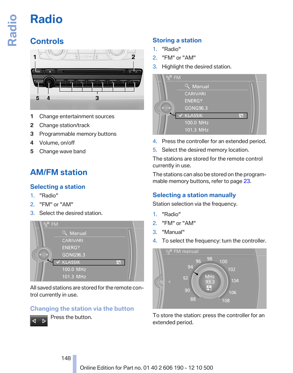 Radio, Controls, Am/fm station | BMW X3 xDrive35i 2011 User Manual | Page 148 / 262