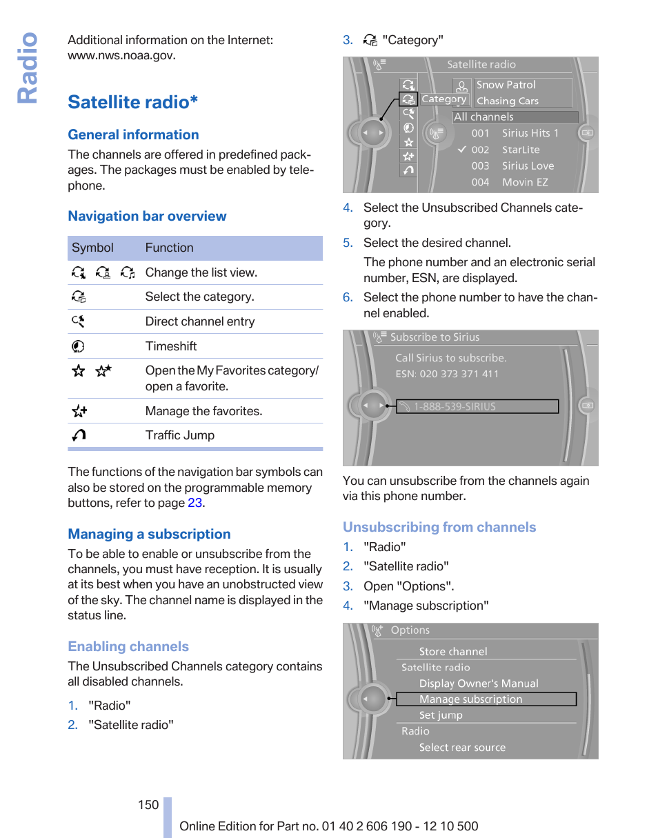 Satellite radio, Radio | BMW X3 xDrive35i 2011 User Manual | Page 150 / 262