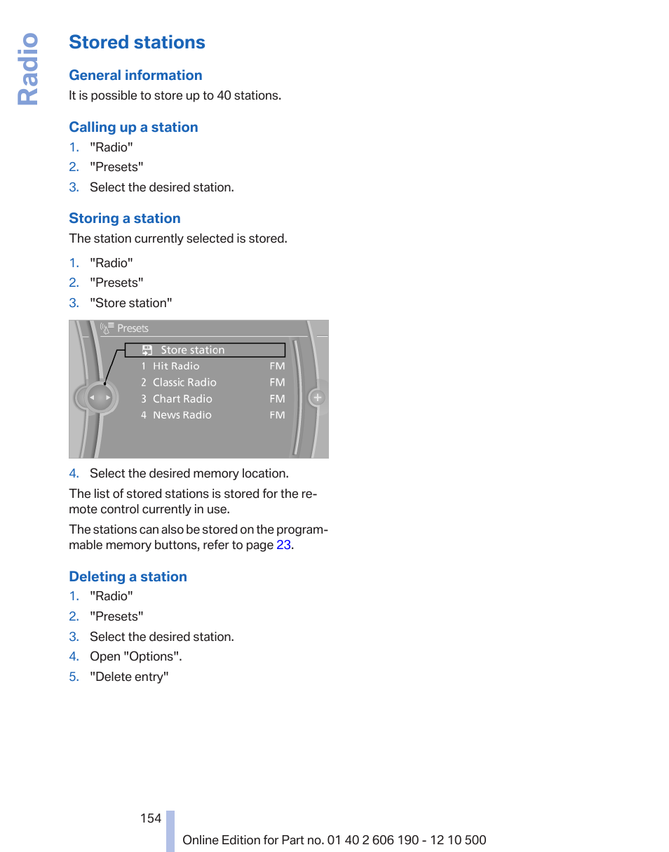 Stored stations, Radio | BMW X3 xDrive35i 2011 User Manual | Page 154 / 262