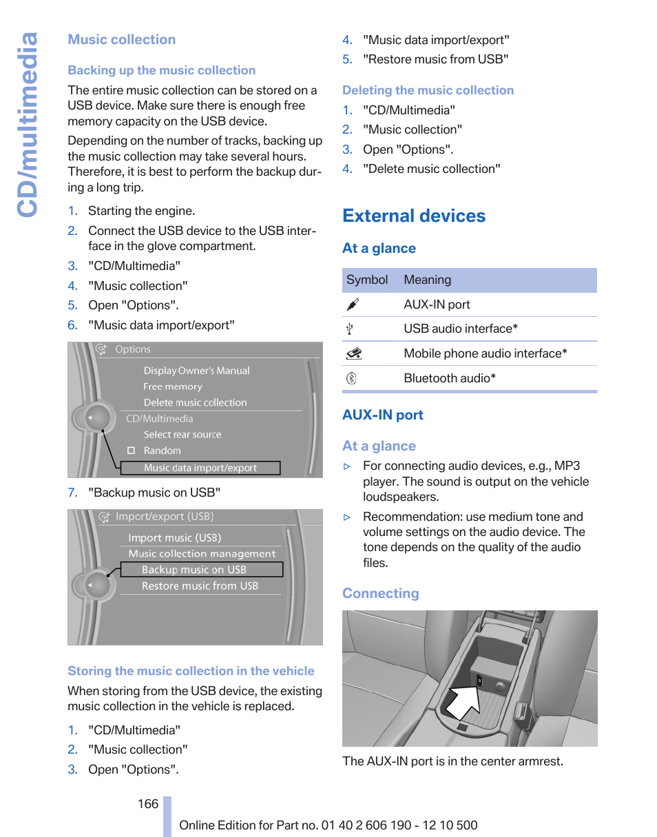 External devices, Cd/multimedia | BMW X3 xDrive35i 2011 User Manual | Page 166 / 262