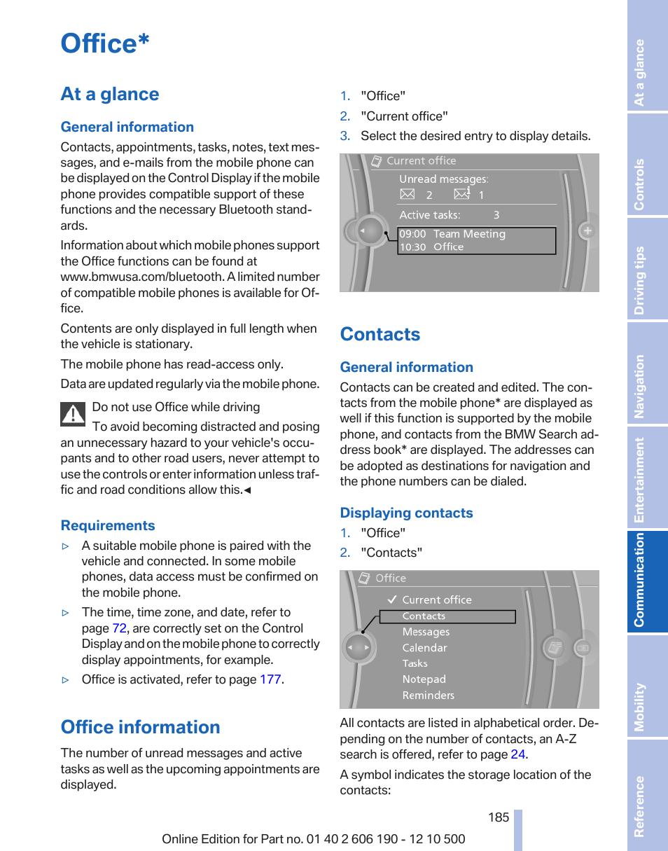 Office, At a glance, Office information | Contacts | BMW X3 xDrive35i 2011 User Manual | Page 185 / 262