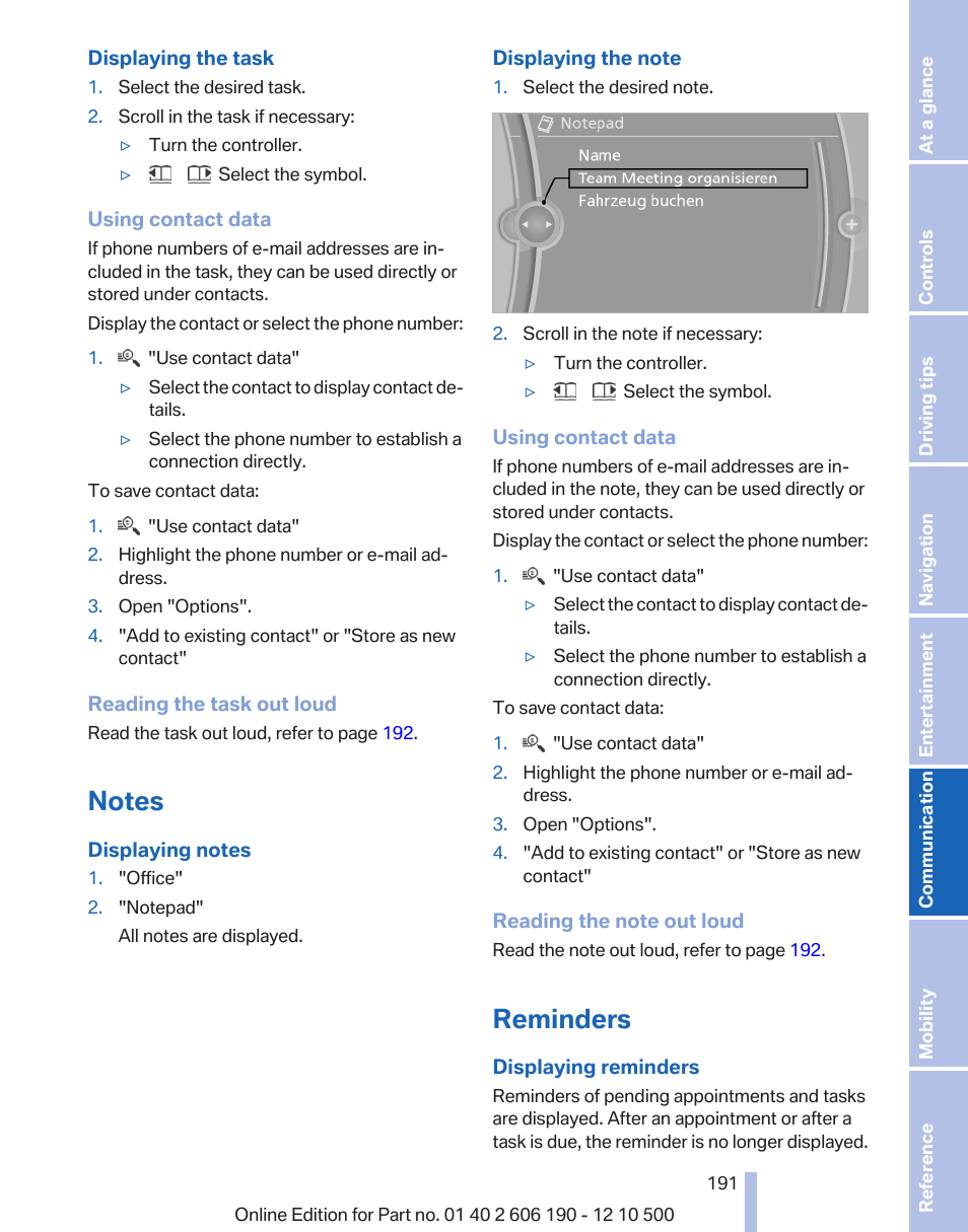 Notes, Reminders | BMW X3 xDrive35i 2011 User Manual | Page 191 / 262