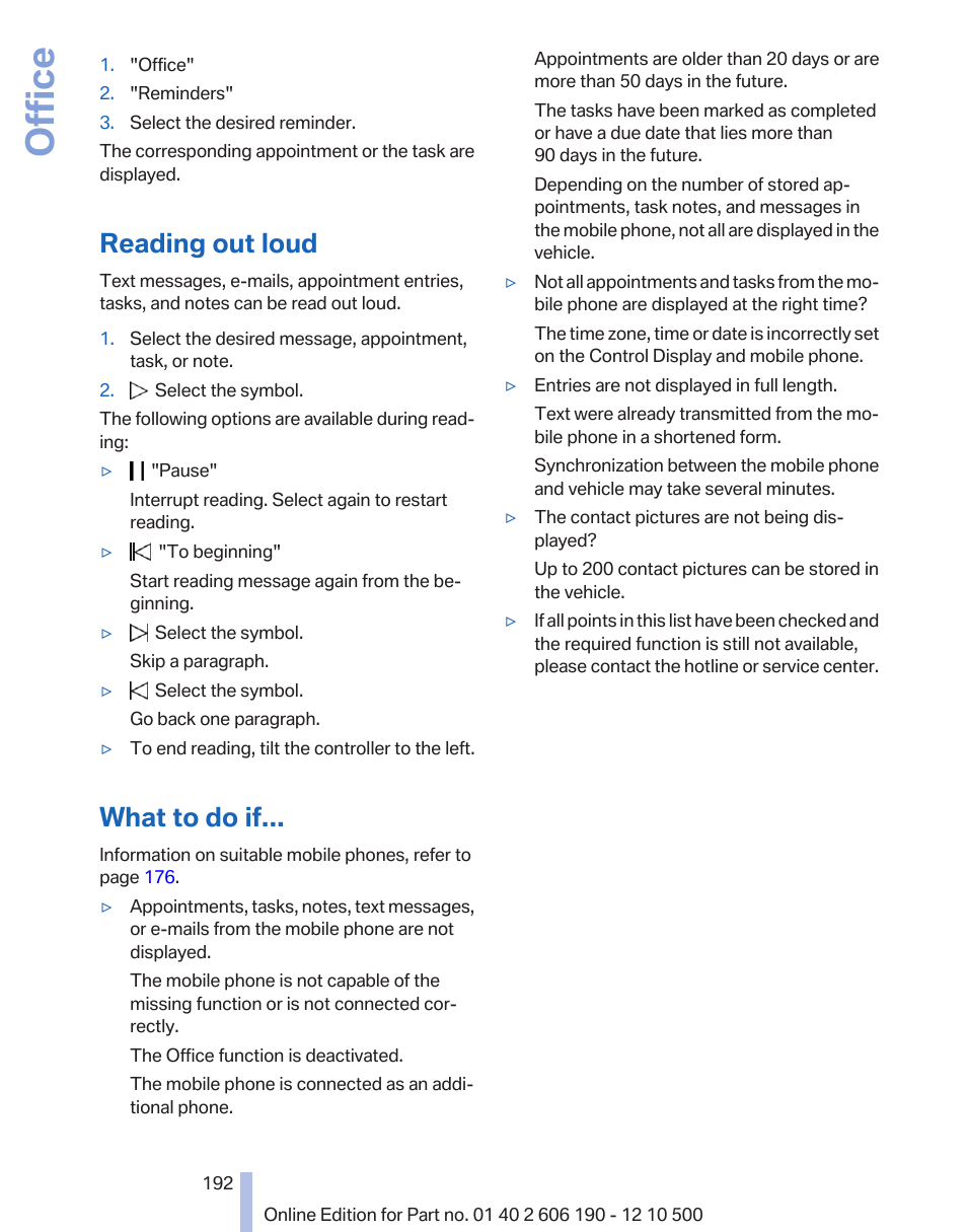 Reading out loud, What to do if, Office | BMW X3 xDrive35i 2011 User Manual | Page 192 / 262