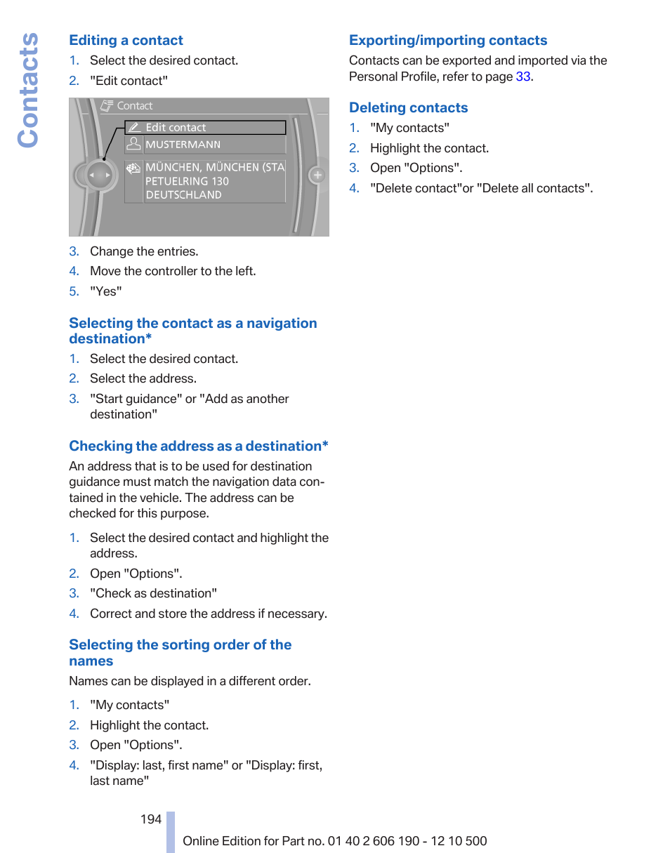 Contacts | BMW X3 xDrive35i 2011 User Manual | Page 194 / 262