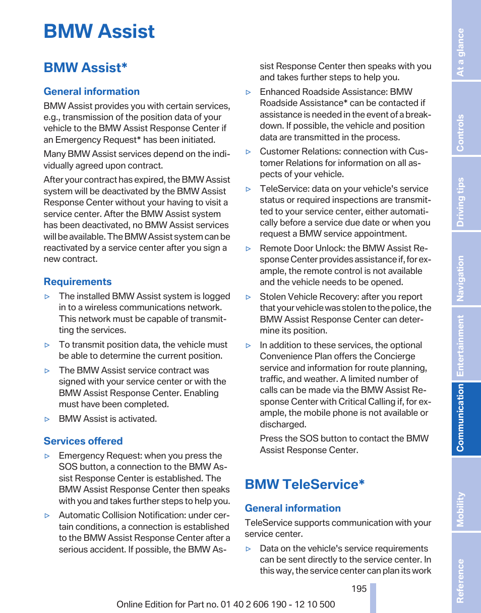 Bmw assist, Bmw teleservice | BMW X3 xDrive35i 2011 User Manual | Page 195 / 262