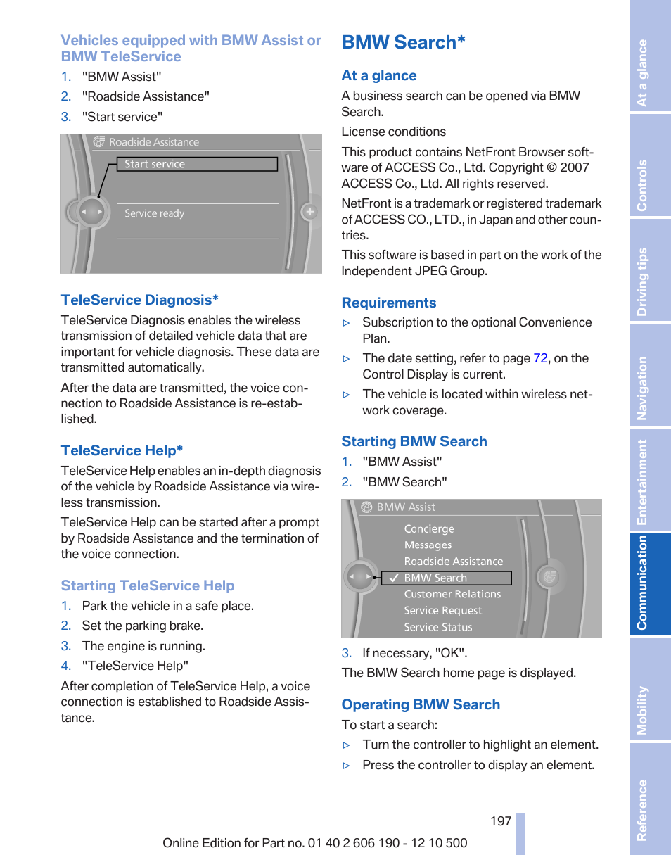 Bmw search | BMW X3 xDrive35i 2011 User Manual | Page 197 / 262