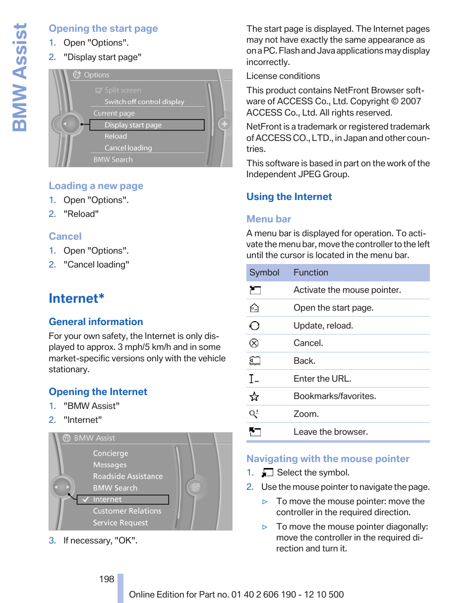 Internet, Bmw assist | BMW X3 xDrive35i 2011 User Manual | Page 198 / 262