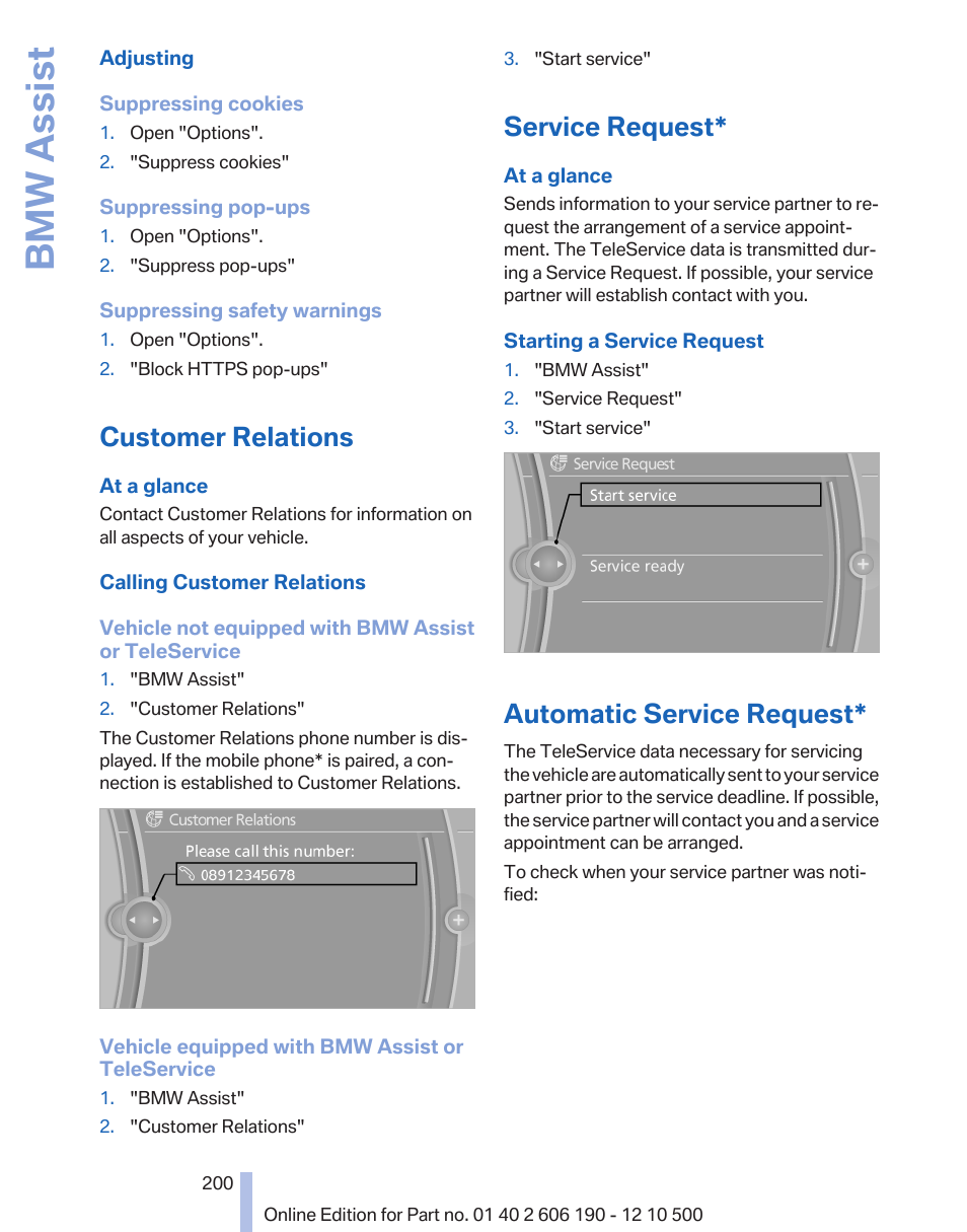 Customer relations, Service request, Automatic service request | Bmw assist | BMW X3 xDrive35i 2011 User Manual | Page 200 / 262