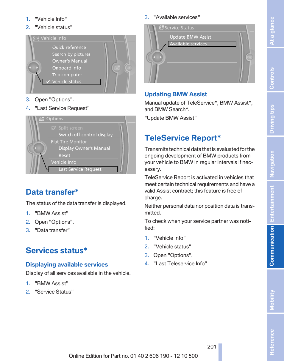 Data transfer, Services status, Teleservice report | BMW X3 xDrive35i 2011 User Manual | Page 201 / 262