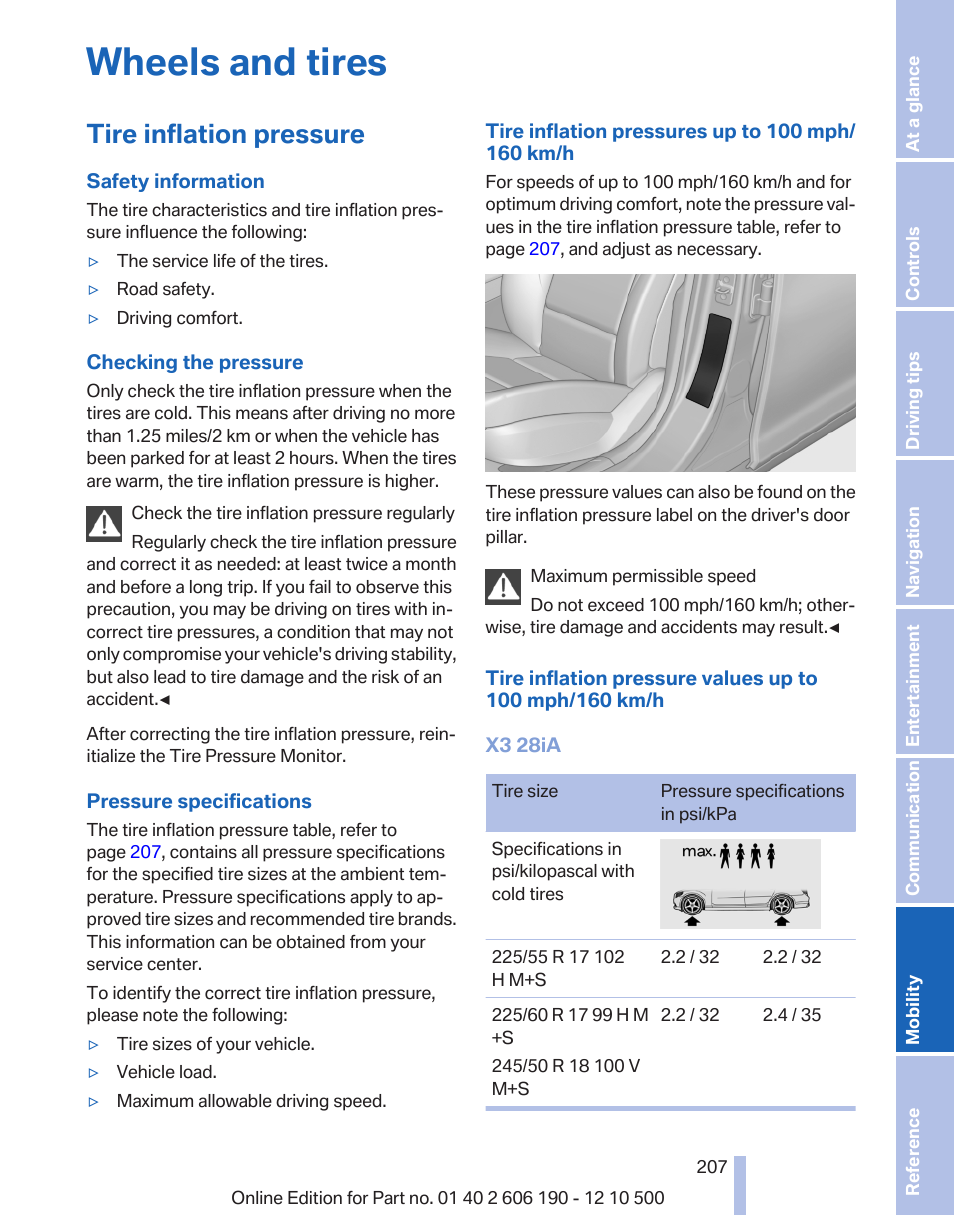 Wheels and tires, Tire inflation pressure, At least twice a | BMW X3 xDrive35i 2011 User Manual | Page 207 / 262