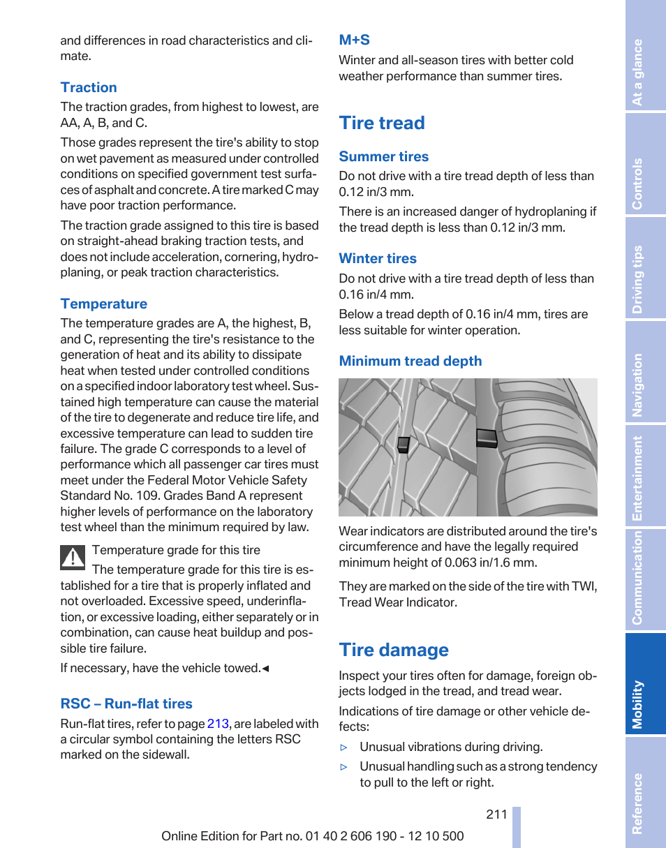 Tire tread, Tire damage | BMW X3 xDrive35i 2011 User Manual | Page 211 / 262