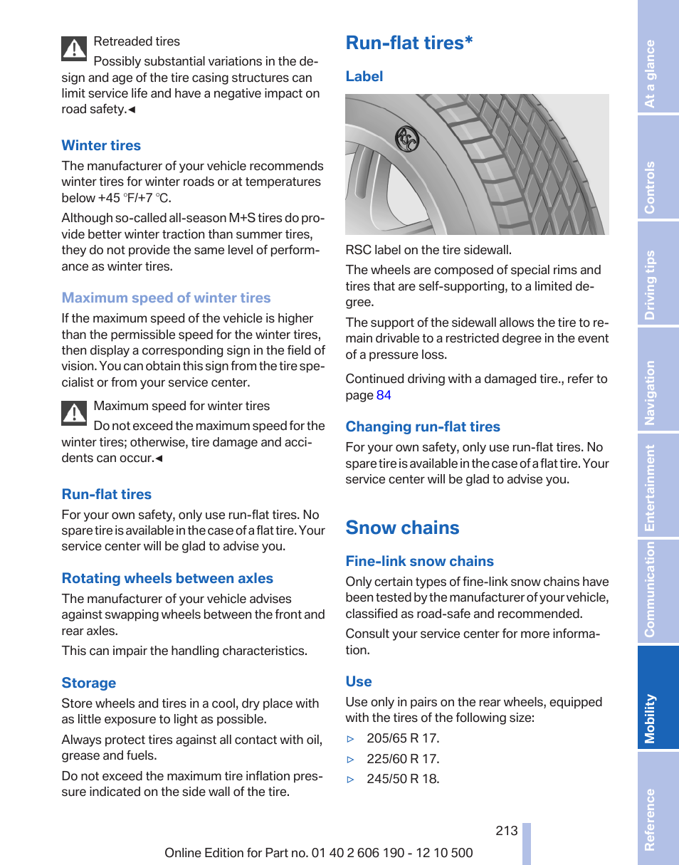 Run-flat tires, Snow chains, Are labeled | BMW X3 xDrive35i 2011 User Manual | Page 213 / 262