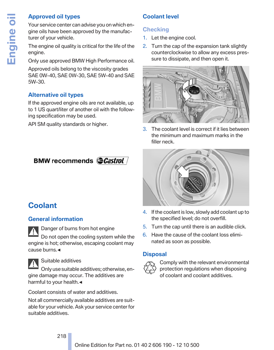 Coolant, Engine oil | BMW X3 xDrive35i 2011 User Manual | Page 218 / 262