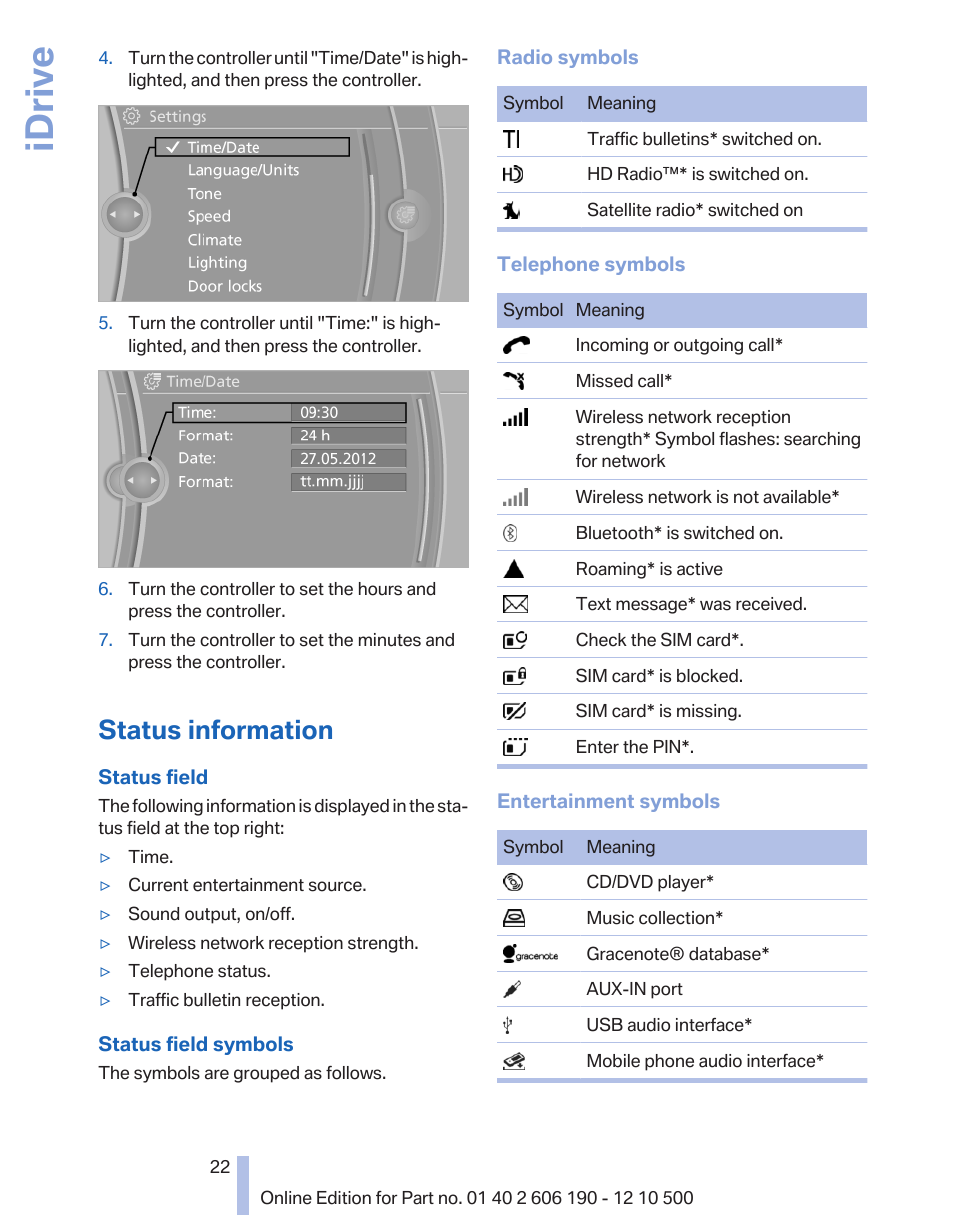 Status information, Idrive | BMW X3 xDrive35i 2011 User Manual | Page 22 / 262