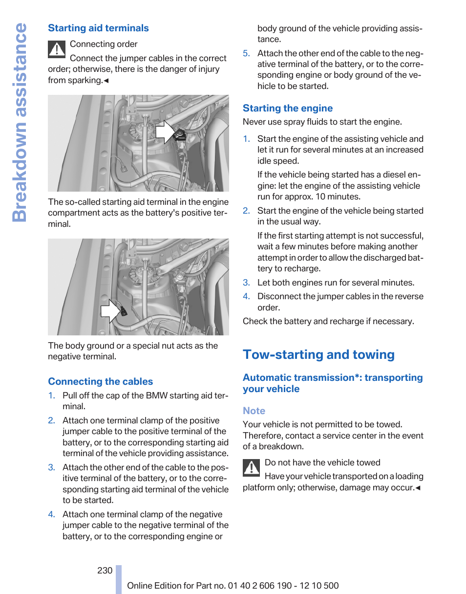 Tow-starting and towing, Breakdown assistance | BMW X3 xDrive35i 2011 User Manual | Page 230 / 262