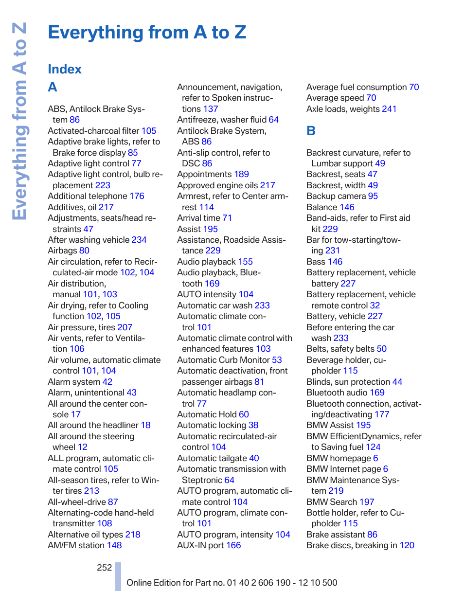 Everything from a to z, Index a | BMW X3 xDrive35i 2011 User Manual | Page 252 / 262