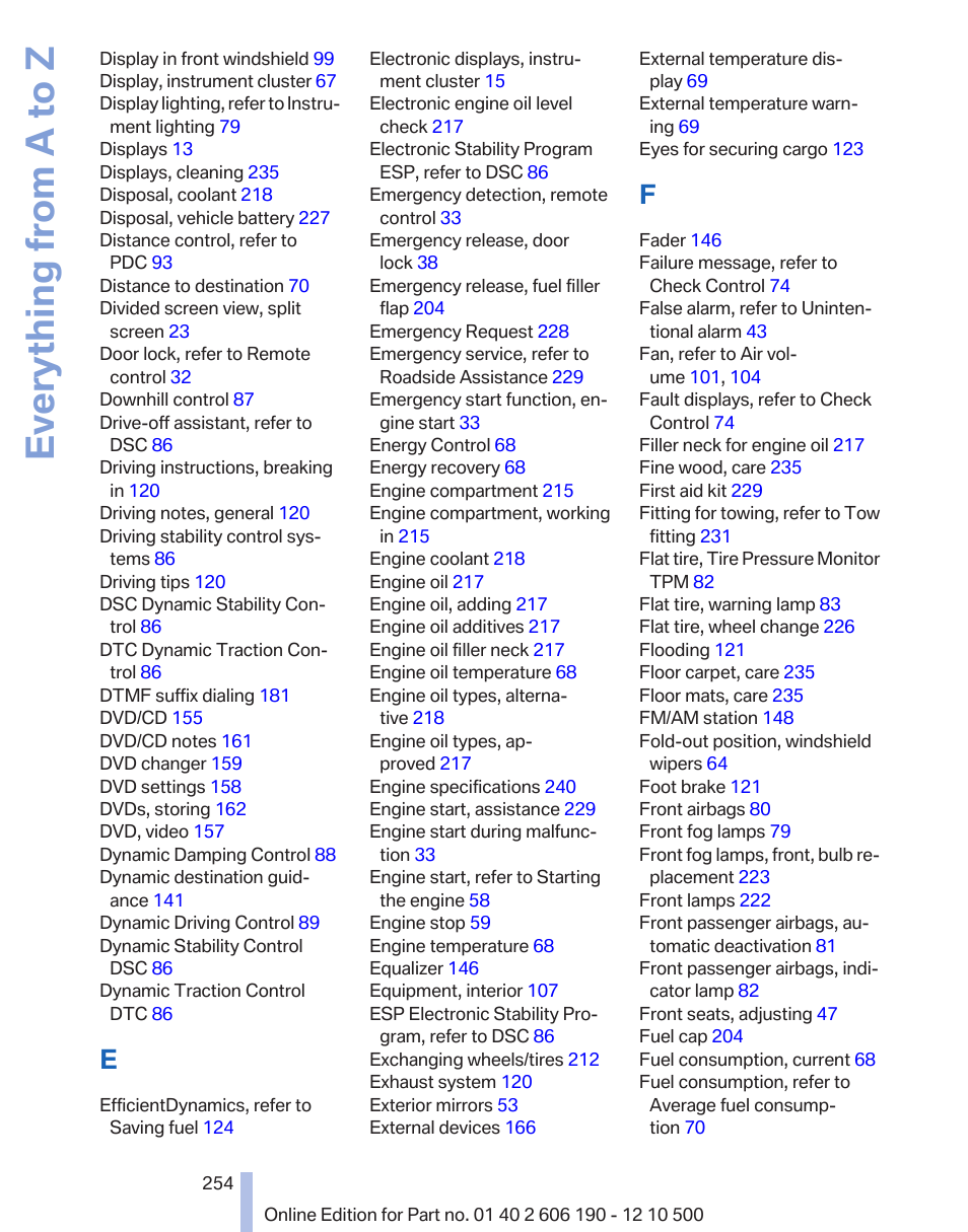 Everything from a to z | BMW X3 xDrive35i 2011 User Manual | Page 254 / 262