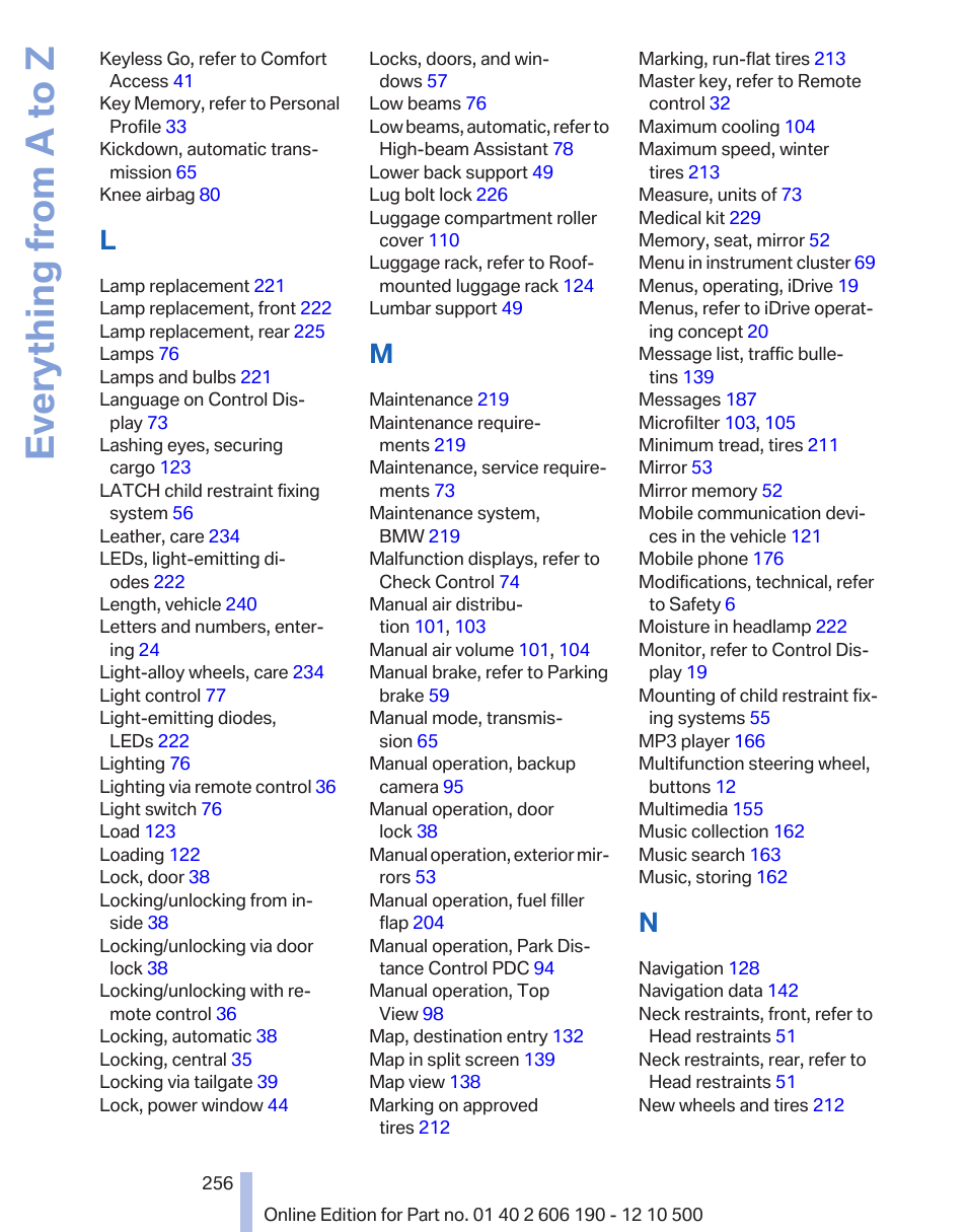 Everything from a to z | BMW X3 xDrive35i 2011 User Manual | Page 256 / 262