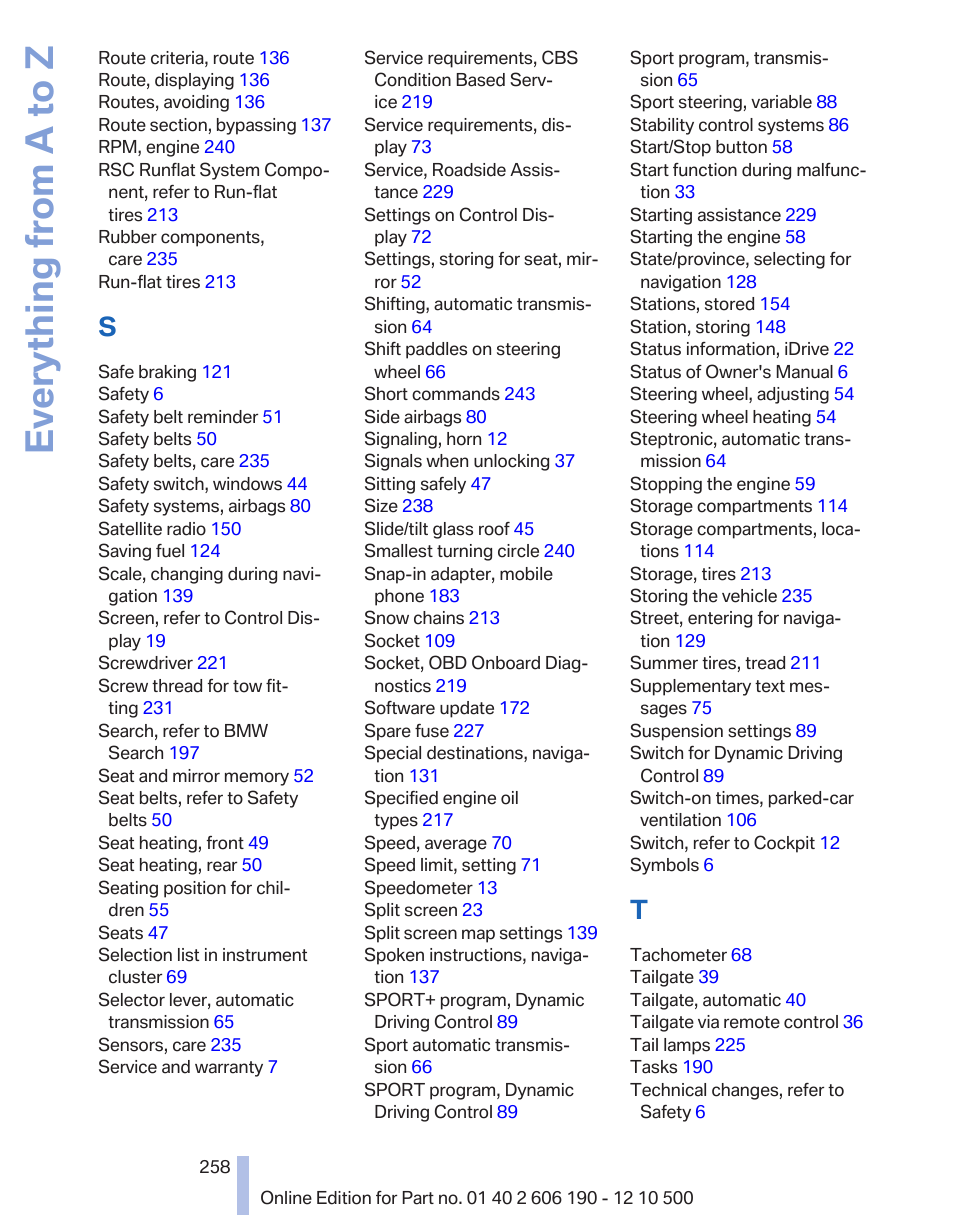 Everything from a to z | BMW X3 xDrive35i 2011 User Manual | Page 258 / 262