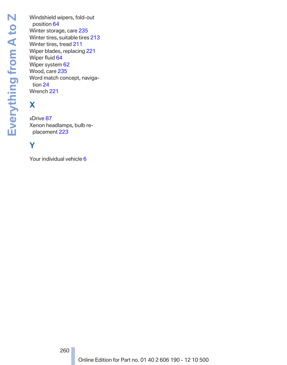 Everything from a to z | BMW X3 xDrive35i 2011 User Manual | Page 260 / 262