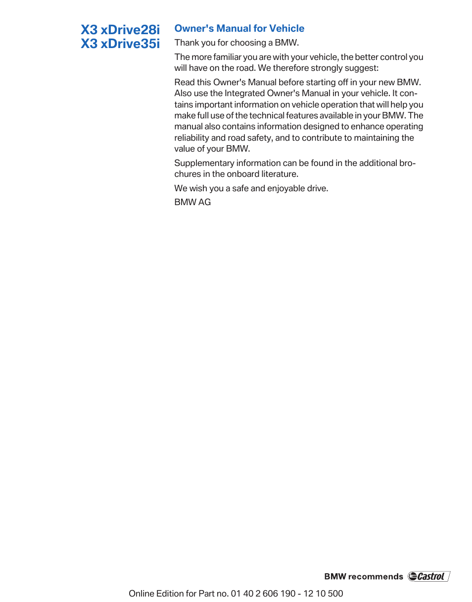 BMW X3 xDrive35i 2011 User Manual | Page 3 / 262
