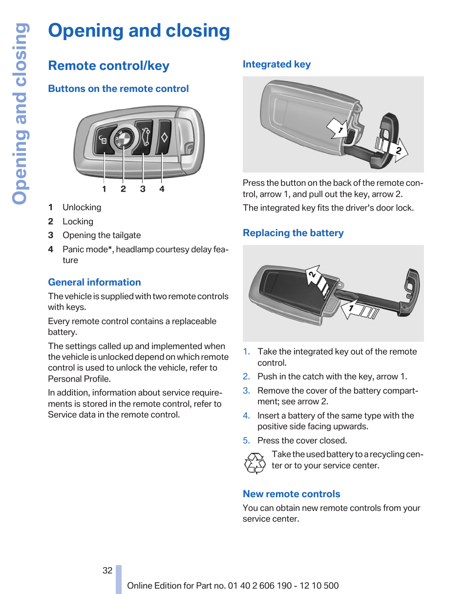 Opening and closing, Remote control/key | BMW X3 xDrive35i 2011 User Manual | Page 32 / 262