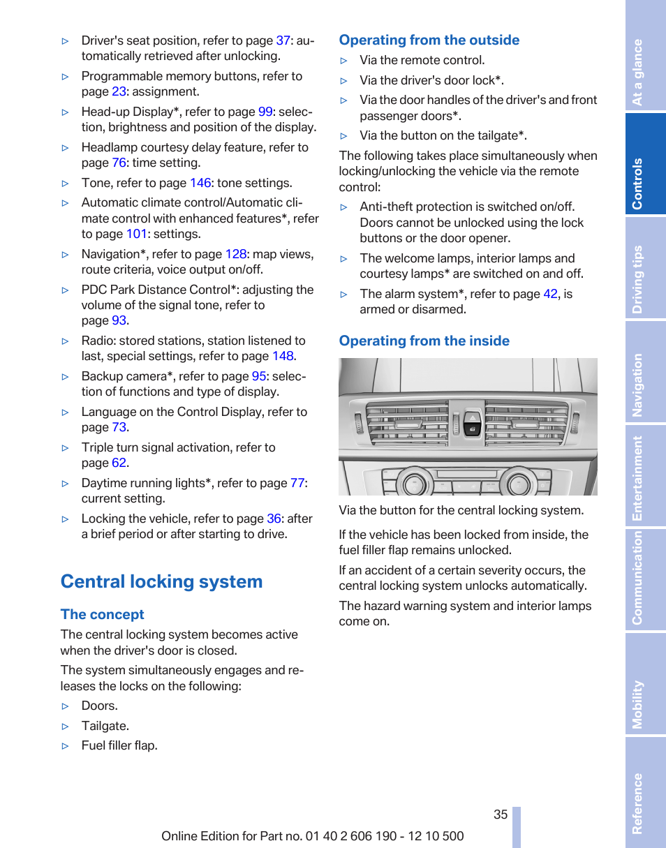 Central locking system | BMW X3 xDrive35i 2011 User Manual | Page 35 / 262