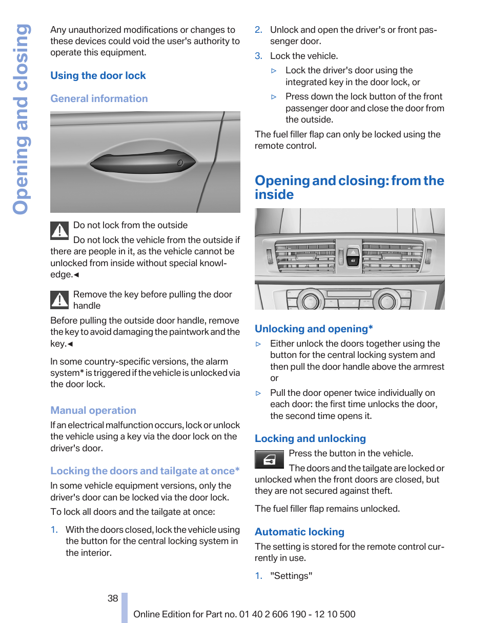 Opening and closing: from the inside, Opening and closing | BMW X3 xDrive35i 2011 User Manual | Page 38 / 262