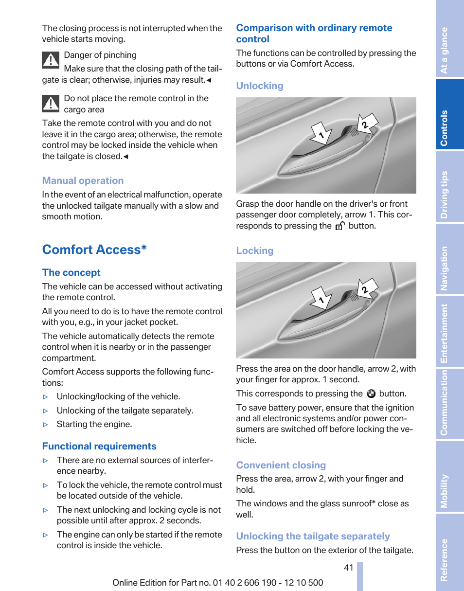 Comfort access | BMW X3 xDrive35i 2011 User Manual | Page 41 / 262