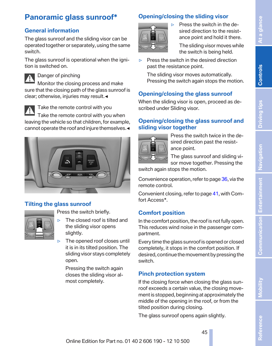 Panoramic glass sunroof | BMW X3 xDrive35i 2011 User Manual | Page 45 / 262