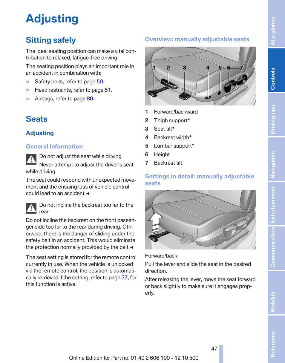 Adjusting, Sitting safely, Seats | BMW X3 xDrive35i 2011 User Manual | Page 47 / 262