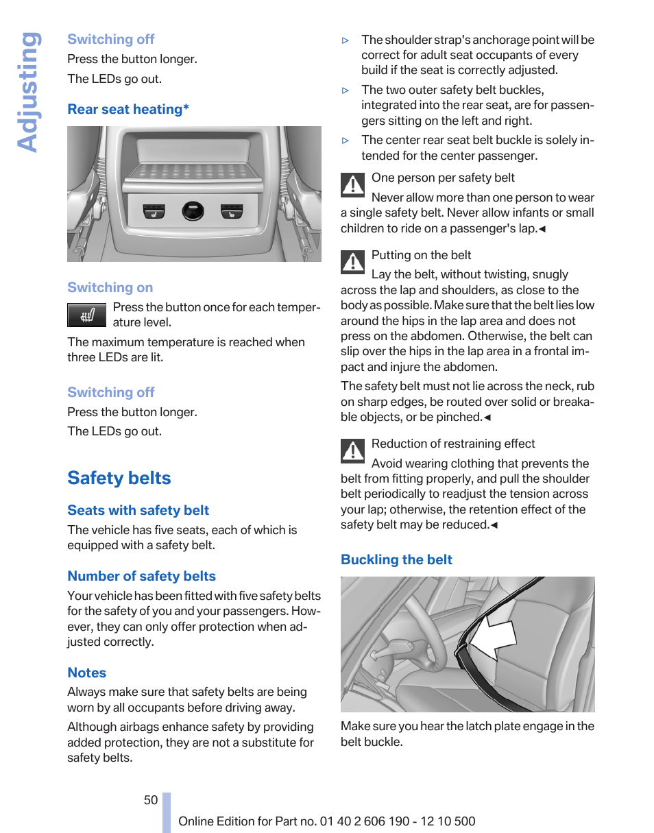 Safety belts, Adjusting | BMW X3 xDrive35i 2011 User Manual | Page 50 / 262