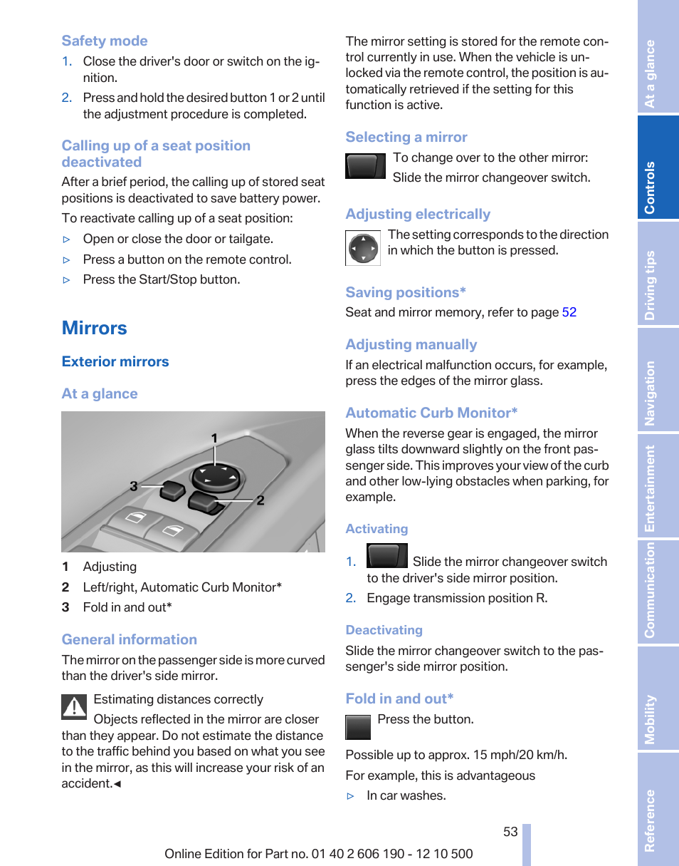 Mirrors, Exterior mirror operation | BMW X3 xDrive35i 2011 User Manual | Page 53 / 262