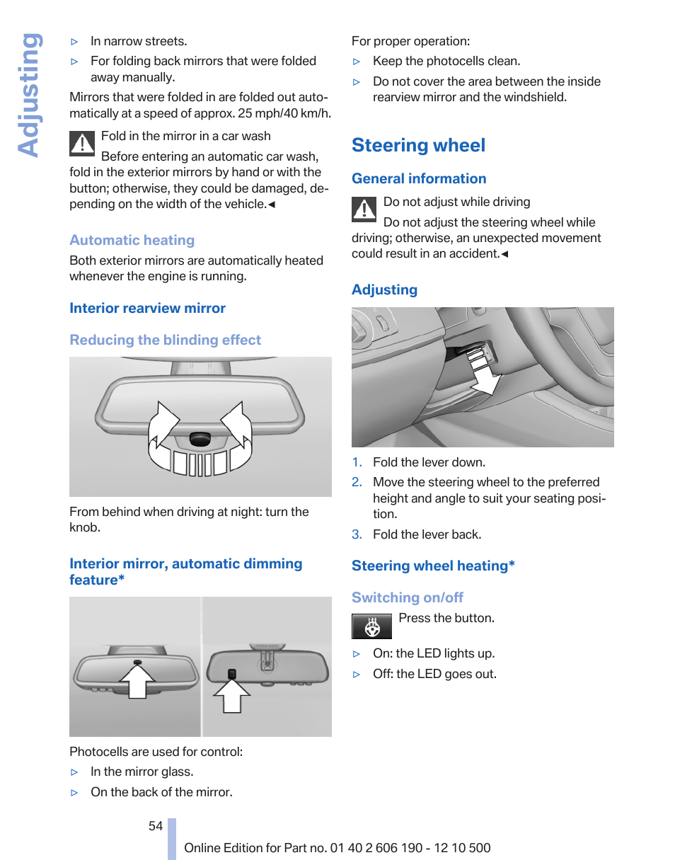 Steering wheel, Steering wheel heating, Adjusting | BMW X3 xDrive35i 2011 User Manual | Page 54 / 262