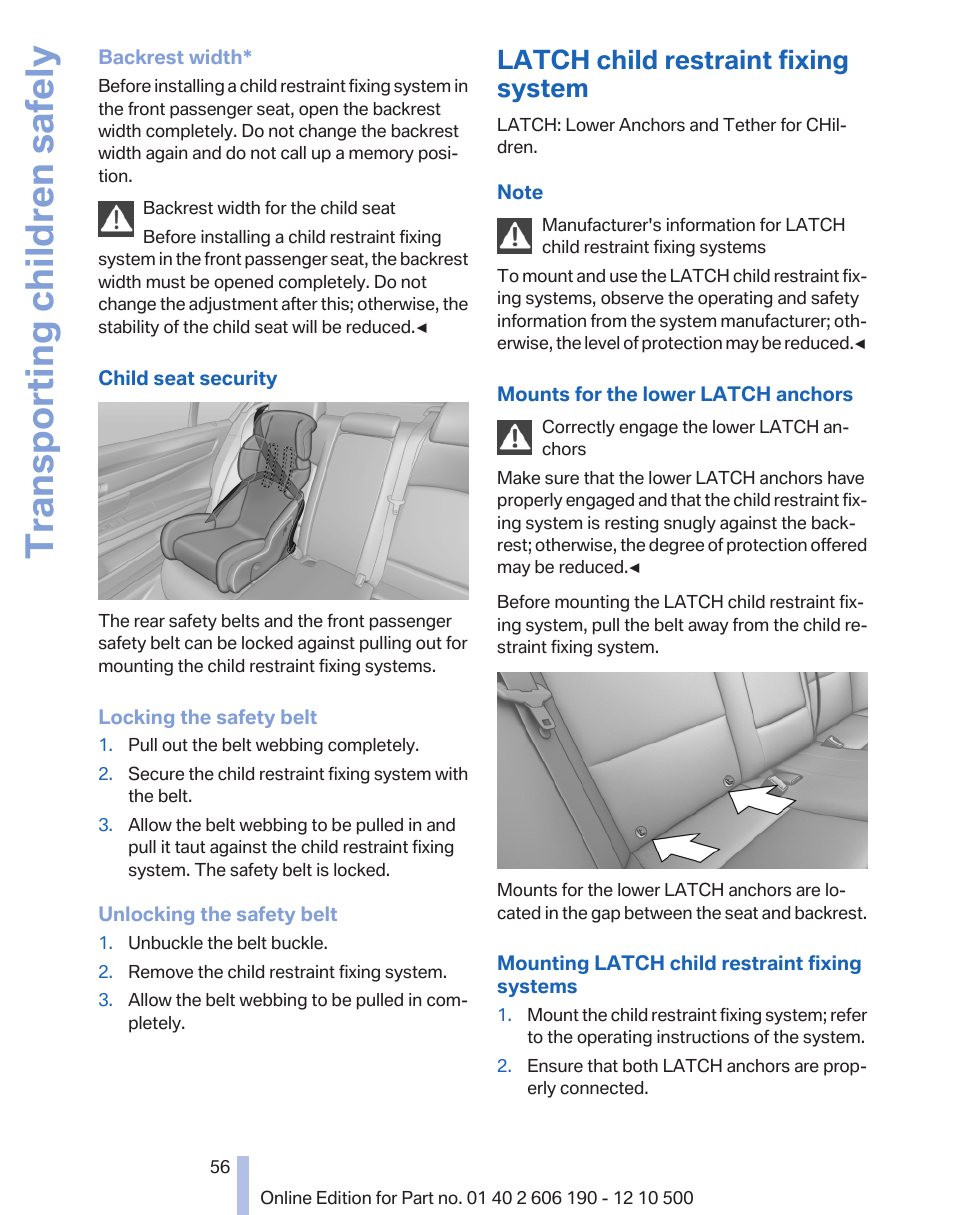 Latch child restraint fixing system, Transporting children safely | BMW X3 xDrive35i 2011 User Manual | Page 56 / 262