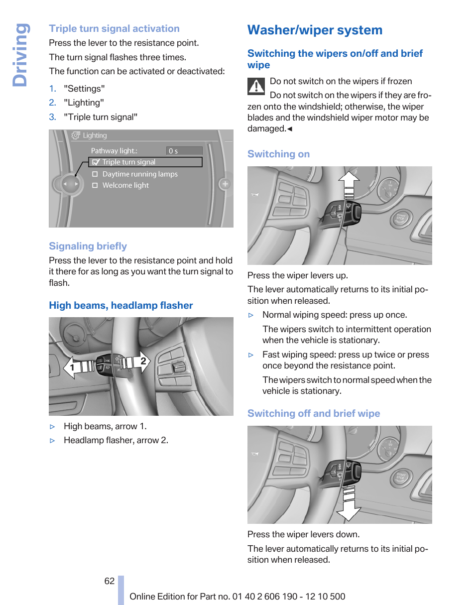 Washer/wiper system, Driving | BMW X3 xDrive35i 2011 User Manual | Page 62 / 262