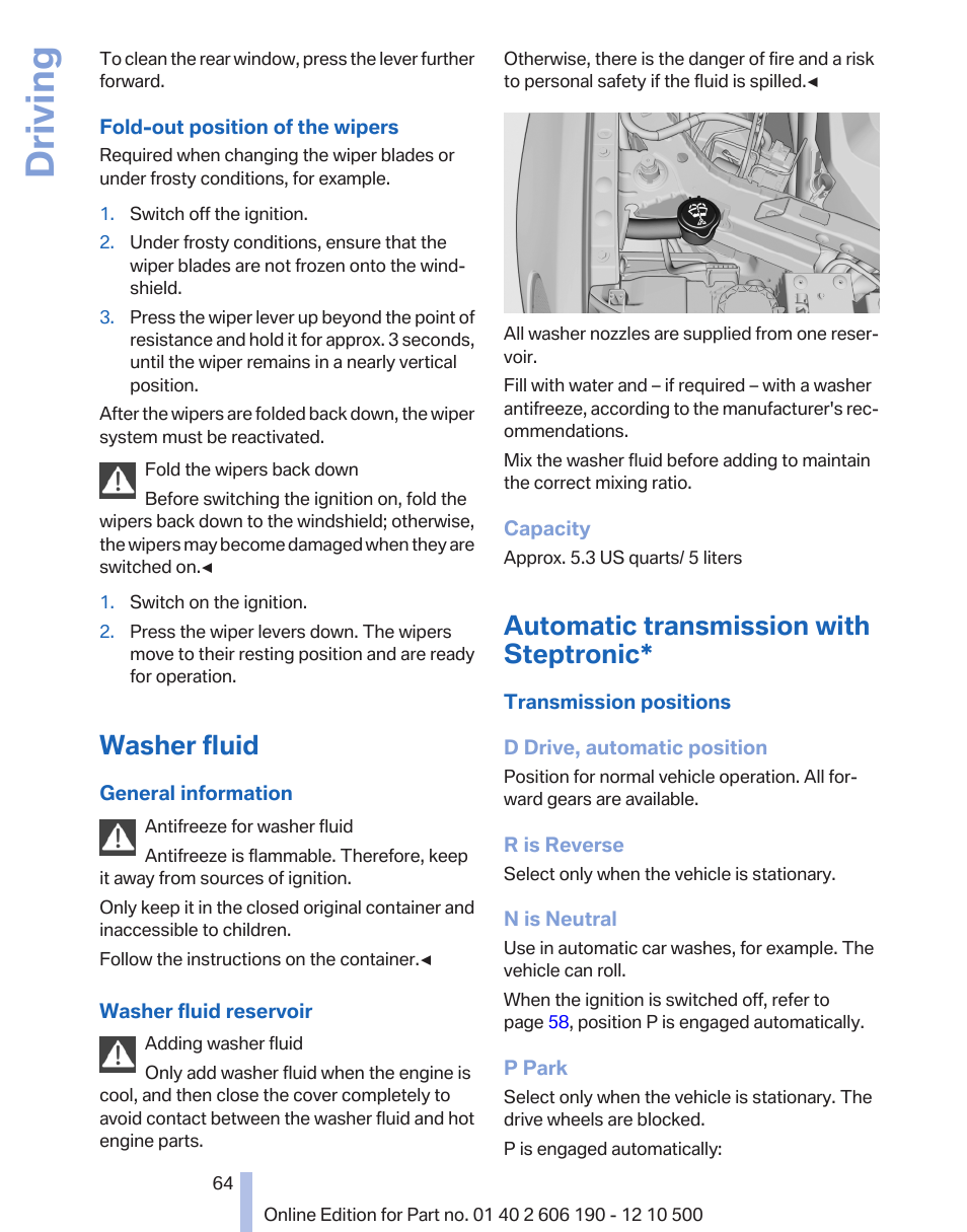 Washer fluid, Automatic transmission with steptronic, Driving | BMW X3 xDrive35i 2011 User Manual | Page 64 / 262