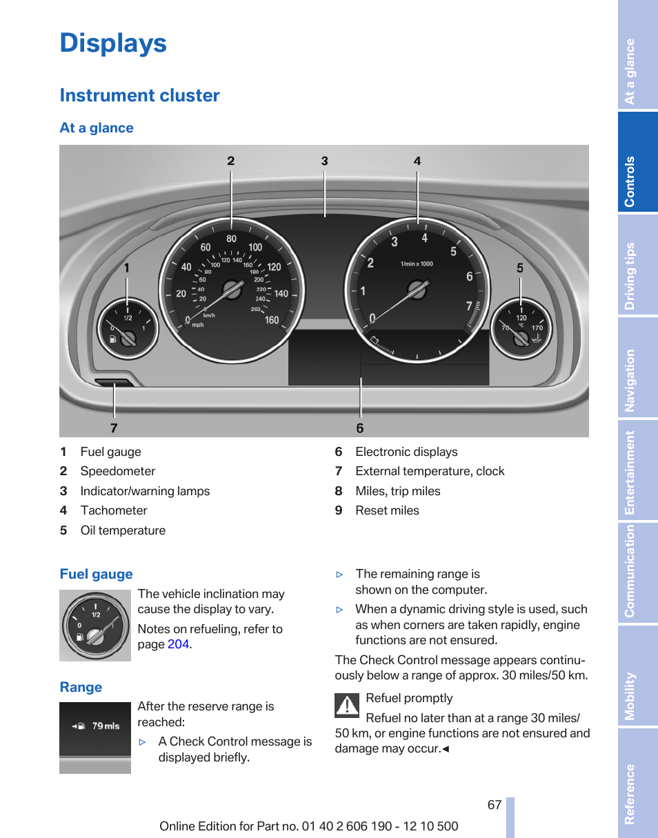 Displays, Instrument cluster | BMW X3 xDrive35i 2011 User Manual | Page 67 / 262
