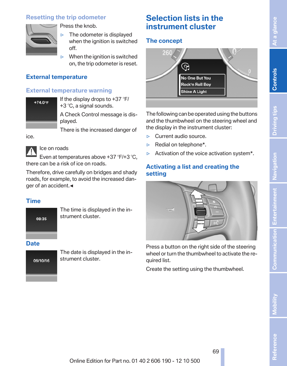 Selection lists in the instrument cluster, External temperature, Clock, external temperature | BMW X3 xDrive35i 2011 User Manual | Page 69 / 262