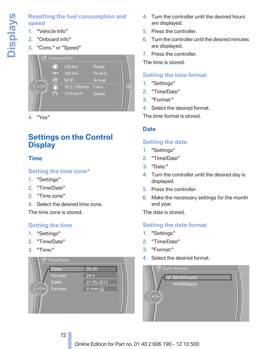 Settings on the control display, Displays | BMW X3 xDrive35i 2011 User Manual | Page 72 / 262