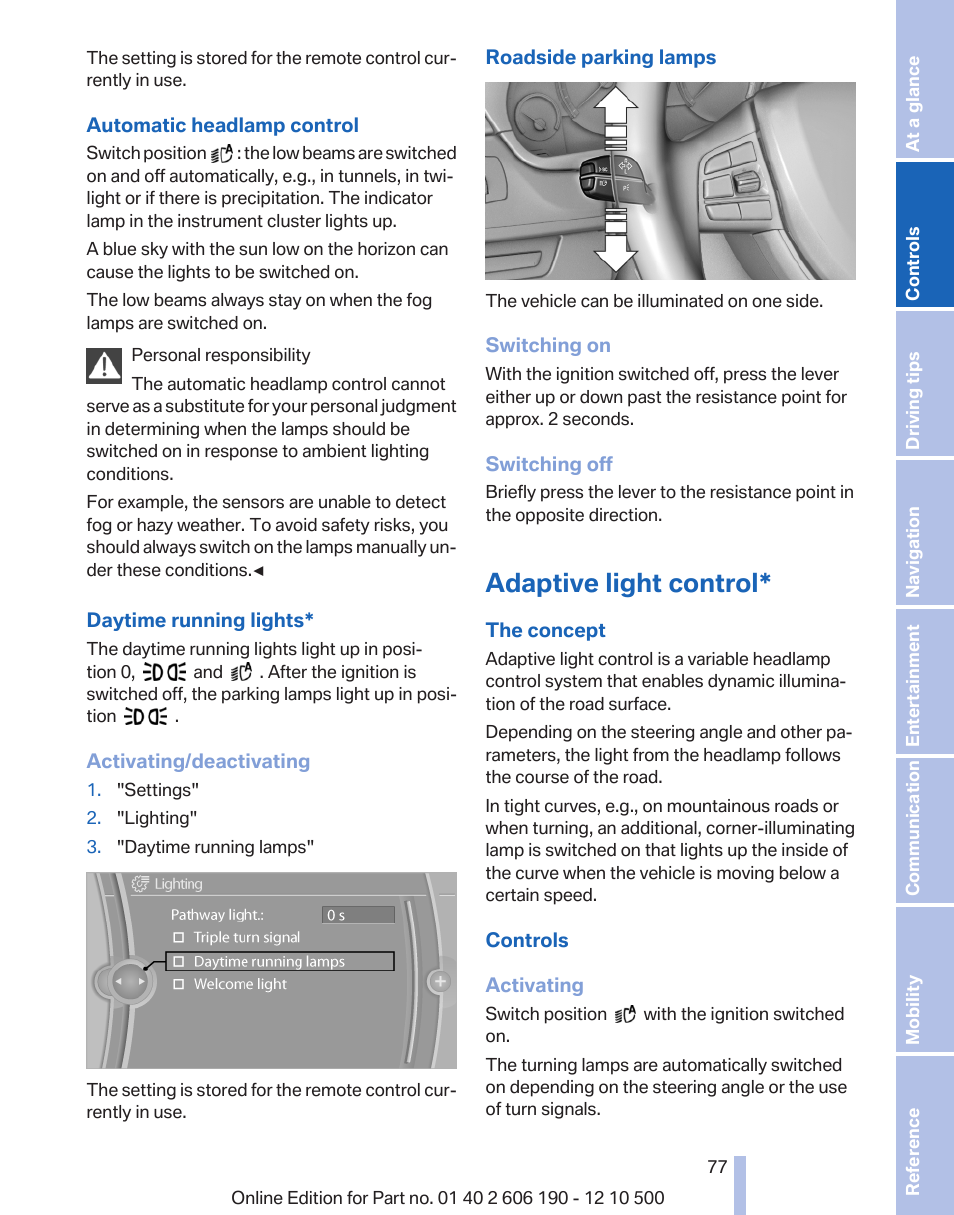 Adaptive light control, Daytime running lights | BMW X3 xDrive35i 2011 User Manual | Page 77 / 262