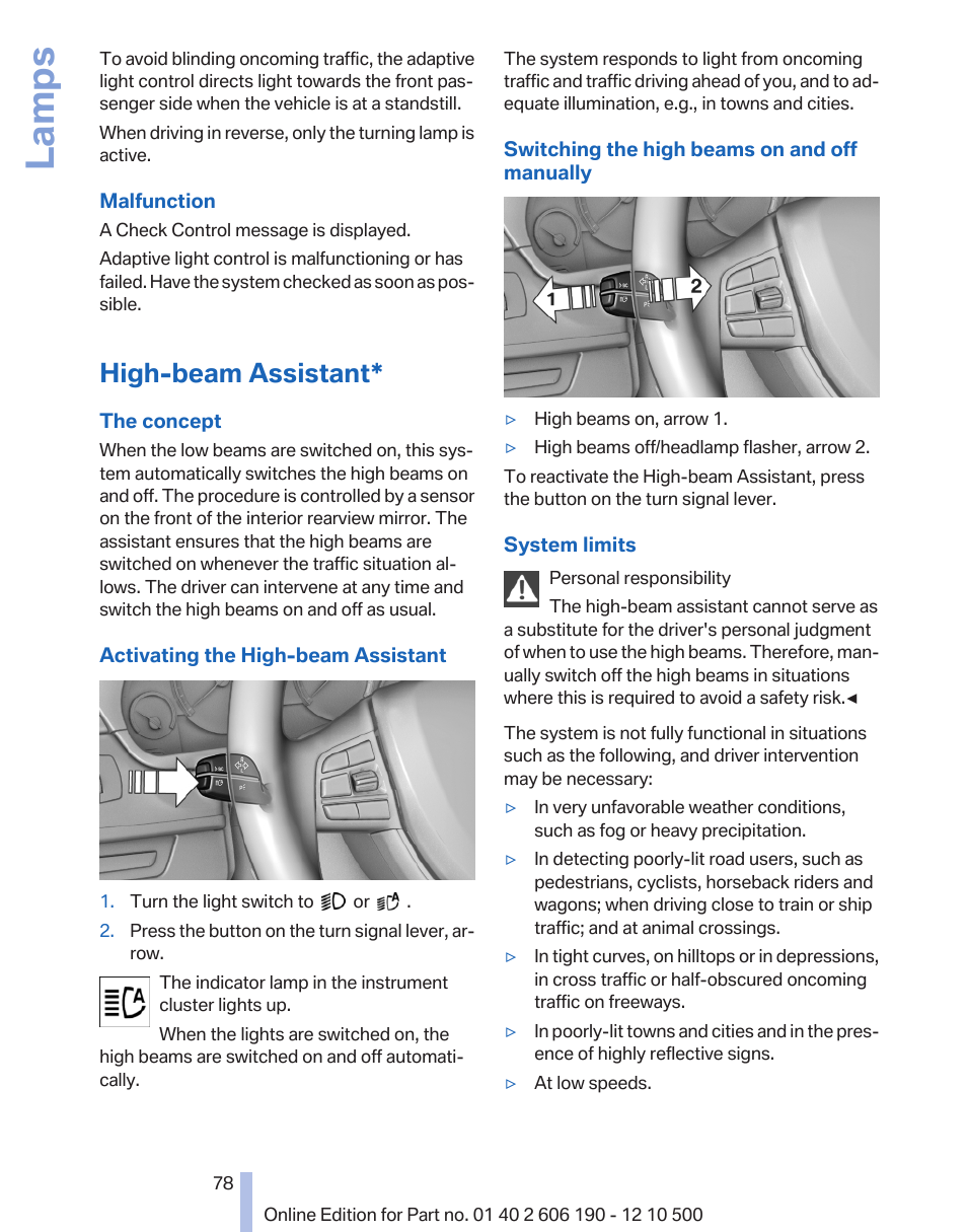 High-beam assistant, Lamps | BMW X3 xDrive35i 2011 User Manual | Page 78 / 262