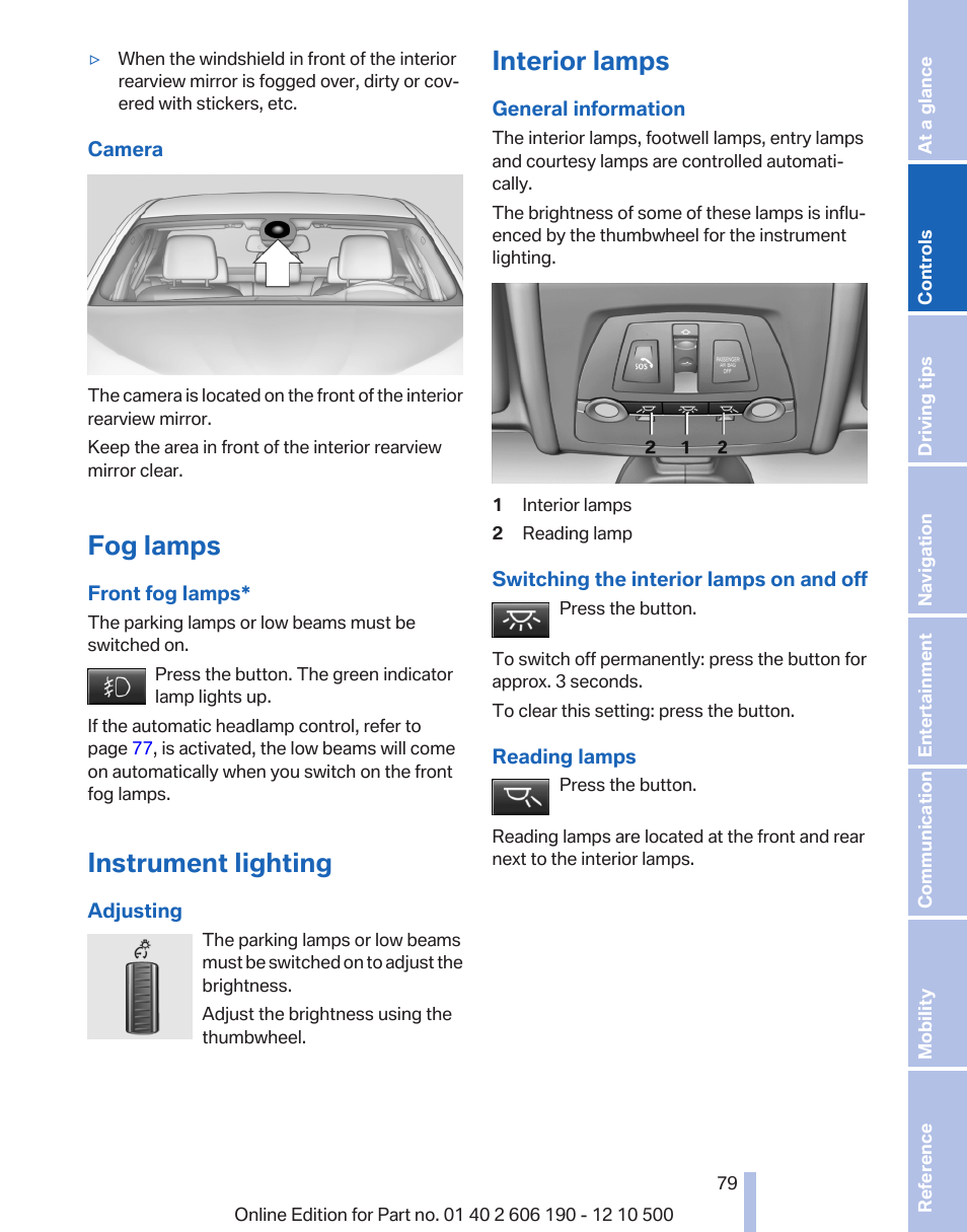 Fog lamps, Instrument lighting, Interior lamps | Front fog lamps | BMW X3 xDrive35i 2011 User Manual | Page 79 / 262